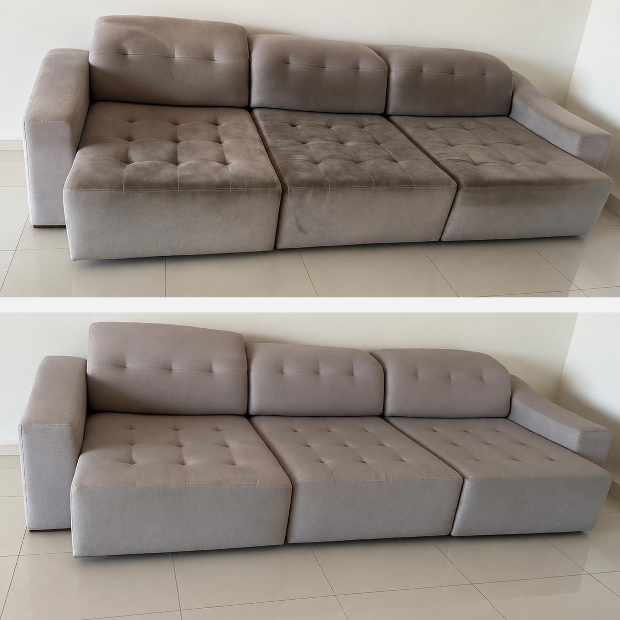 Antes e depois de sofá higienizado